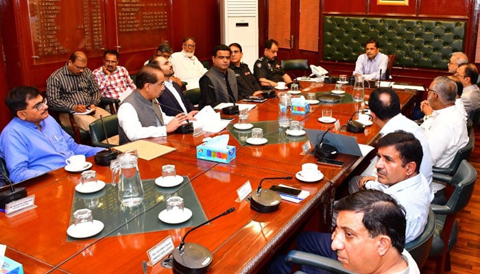 Karachi Commissioner Syed Hassan Naqvi chairing a meeting  on April 27, 2026. — Facebook@Commissioner Karachi Office