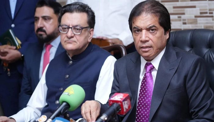 Federal Minister for Railways Hanif Abbasi addressing a press conference  on April 27, 2026. — Facebook@hanifabbasiNA56