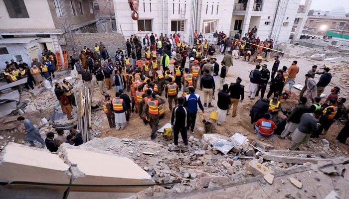 A view of the mosque in Peshawar Police Lines after massive bombing. — APP/File