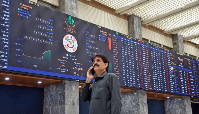 A trader monitors stock prices at the Pakistan Stock Exchange (PSX) in Karachi, on March 2, 2026. — Online
