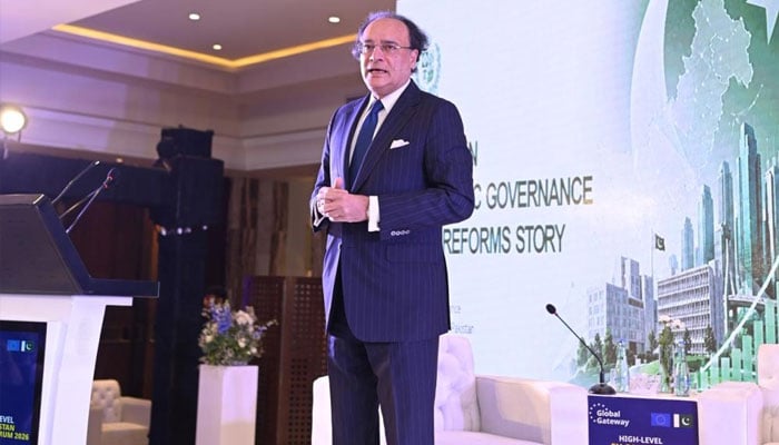 Finance Minister Muhammad Aurangzeb, addressing the launching ceremony of the EU–Pakistan Business Forum in Islamabad, April 28, 2026. —APP