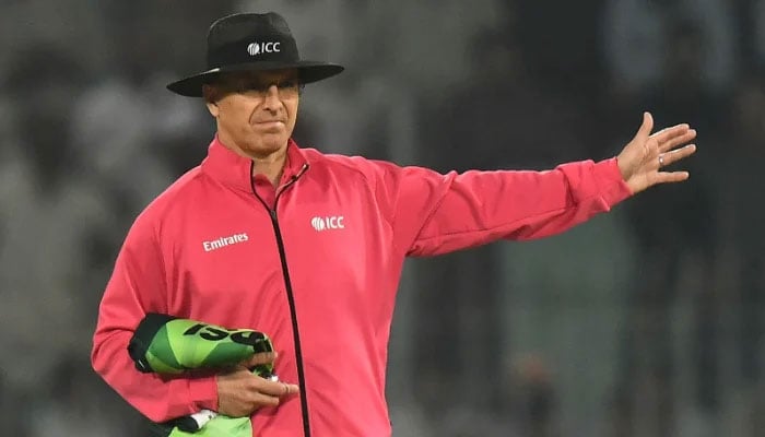 Alex Wharf on field umpire signals no-ball during the second ODI match between Pakistan and South Africa at Iqbal Stadium on November 06, 2025 in Faisalabad. —AFP