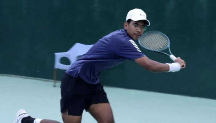 Abubakar Talha in action during ITF Dilawar Abbas Junior Tennis Championship (J-60, Leg-3) at the PTF Tennis Complex on April 24, 2026. — Instagram/@abubakartalha7