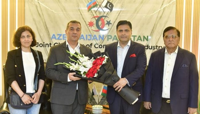 Khazar Farhadov, Ambassador of the Republic of Azerbaijan to Pakistan, visited the newly established office of the Azerbaijan-Pakistan Joint Chamber of Commerce & Industry (APJCCI) on April 28, 2026. —  Facebook@ahsan.bakhtawari.71