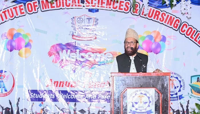 Federal Minister for Religious Affairs Sardar Mohammad Yousuf addressing an event on April 24, 2026. — Facebook@SMYousafofficial