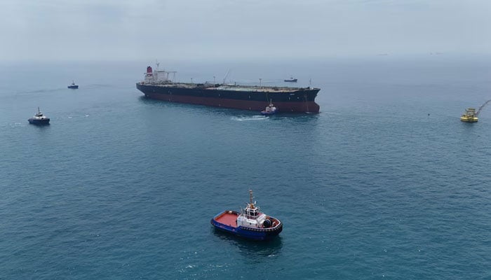 Drone view of oil tanker HELGA berthed at one of Iraqs southern offshore oil terminals near Basra as it prepares to load crude oil, becoming the second vessel to arrive since the closure of the Strait of Hormuz, April 24, 2026. — Reuters