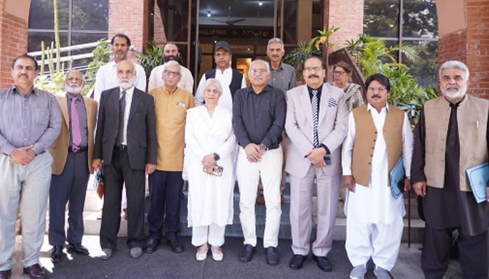 The image shows the group photo of the members of the Pakistan Academy of Letters (PAL)  on April 29, 2026. — APP