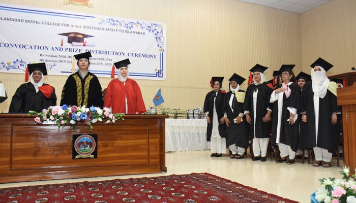 The image shows a glimpse from the 5th Convocation and Prize Distribution Ceremony at the Islamabad Model College for Girls (Postgraduate), F-7/2 on April 29, 2026. — Facebook@imcgpostgraduatef72