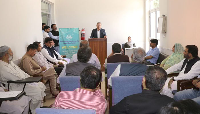 Vice Chancellor Prof. Dr Nasir Mahmood addressing an event launching a free cardiac screening programme  on April 29, 2026. — Facebook@AIOU.OfficialAccount