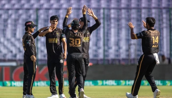 Hyderabad Kingsmen celebrate a wicket during their PSL 11 match against RawalPindiz at National Bank Stadium, Karachi, April 26, 2026. — PSL