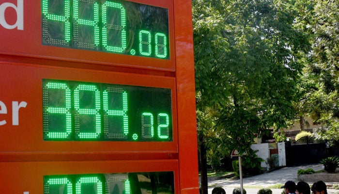 The image shows fuel prices at a petrol pump in Islamabad on April 25, 2026. —  INP