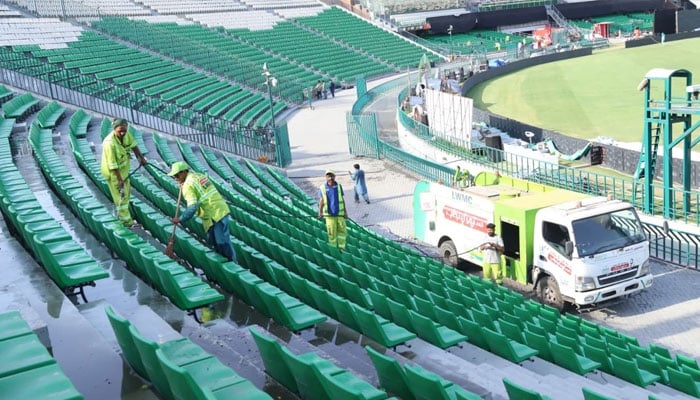 The Suthra Punjab Agency Lahore teams are cleaning the Gaddafi Stadium on April 29, 2026. — Facebook@LWMC1139