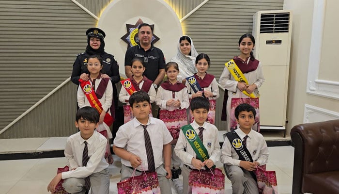 Students from The City School seen in a group photo at the City Traffic Police Headquarters, Peshawar,  on April 29, 2026. — Facebook@CityTrafficPolicePeshawar