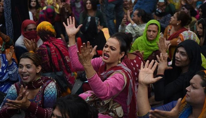 Pakistani transgenders chant slogans during a protest in Karachi on April 10, 2019, as they demand to the government to provide jobs and to implement transgenders rights.— AFP/Files