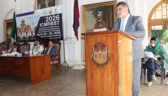 The image shows a glimpse from the opening ceremony of the International Conference on Multidisciplinary Research in Basic Science and Technology (ICMRBST-2026), held at Islamia College Peshawar  on April 29, 2026. — Facebook@www.icp.edu.pk