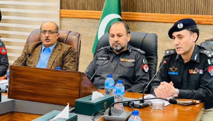 Khyber Pakhtunkhwa Inspector General of Police Zulfiqar Hameed is in a meeting after he visited Malakand Division on March 28, 2026. — X@KP_Police1/Screengrab