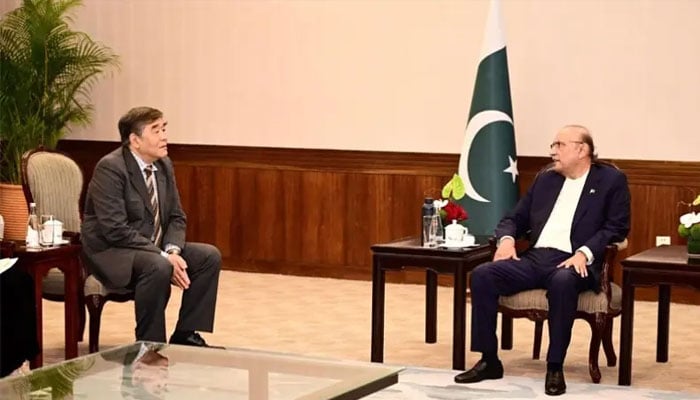President Asif Ali Zardari  held a meeting with the CEO of Hangzhou Jinjiang Group, Wang Jian, in Sanya. — PID