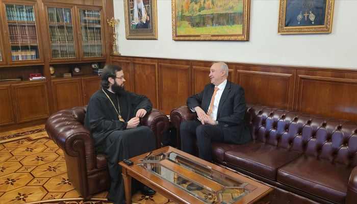 The Ambassador of Pakistan to the Russian Federation, H.E. Mr. Faisal Niaz Tirmizi, met today with His Eminence Metropolitan Anthony of Volokolamsk, Chairman of the Department for External Church Relations of the Russian Orthodox Church, April 29, 2026. —Facebook@PakistanEmbassyMoscow