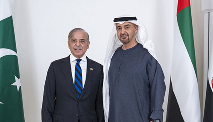 Prime Minister Shehbaz Sharif calls on UAE President Sheikh Mohamed bin Zayed Al Nahyan at Qasr Al Shati in Abu Dhabi, June 12, 2025. — WAM