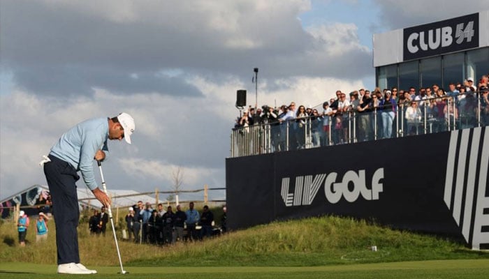 South African golfer Charl Schwartzel plays a last shot on the 18th hole during the third and final day of the LIV Golf Invitational Series event at The Centurion Club in St Albans, north of London, on June 11, 2022. — AFP