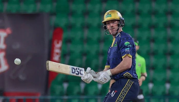 Multan Sultans captain Ashton Turner watches the ball after playing a shot during their PSL 11 match against Lahore Qalandars at the Gaddafi Stadium in Lahore on April 3, 2026. — PCB