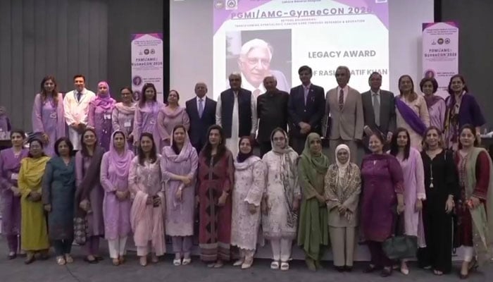 Punjab Health Minister Khawaja Salman Rafique  is seen in a group photo after an event at Ameer-Ud-Din Medical College (PGMI/AMC) gynaecology conference on April 30, 2026. — Facebook@SalmanRafiquePK