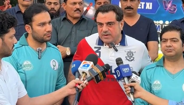Punjab Sports and Youth Affairs Minister Faisal Ayub Khokhar is seen as Bilal Yasin speaks to the media  on April 30, 2026. — Facebook@mpafaisal161/Screengrab