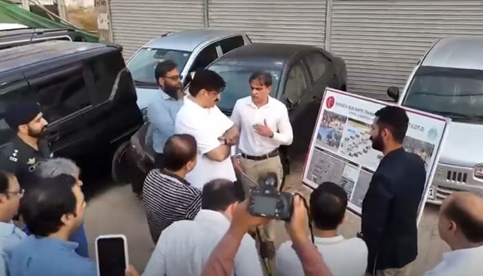 Sindh Chief Minister Syed Murad Ali Shah, accompanied by Karachi Mayor Murtaza Wahab being briefed by officials of the Frontier Works Organisation on the pace of work, quality standards and revised timelines for completion, April 30, 2026. —Screengrab via Facebook@SindhCMHouse