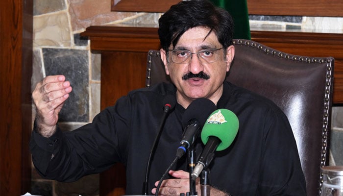 Sindh Chief Minister Syed Murad Ali Shah addresses a press conference at the Chief Minister House in Karachi.—Facebook@SindhCMHouse/File
