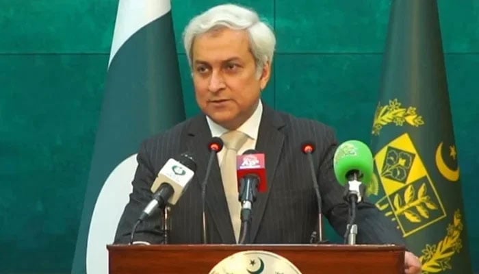 Foreign Office Spokesperson Tahir Hussain Andrabi is speaking at a weekly press briefing in Islamabad on November 7, 2025. — Screengrab via Geo News