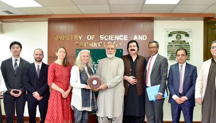 Science and technology minister Khalid Hussain Magsi is seen with high-level UNICEF delegation led by director of the Partnership for a Lead-Free Future (PLF) Abdullah A. Fodil on May 1, 2026. — APP