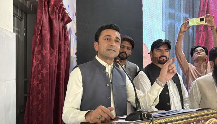 KP Minister for Labour Faisal Khan Tarakai  addressing an event on May 1, 2026. — Facebook@FaisalKTarakai
