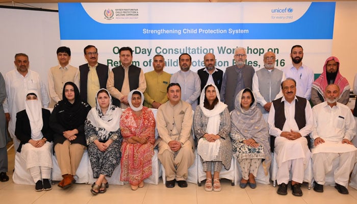 The image shows a group photo after a consultation workshop organised by the Khyber Pakhtunkhwa Child Protection and Welfare Commission (KPCPWC) on April 27, 2026. — Facebook@kpcpwc
