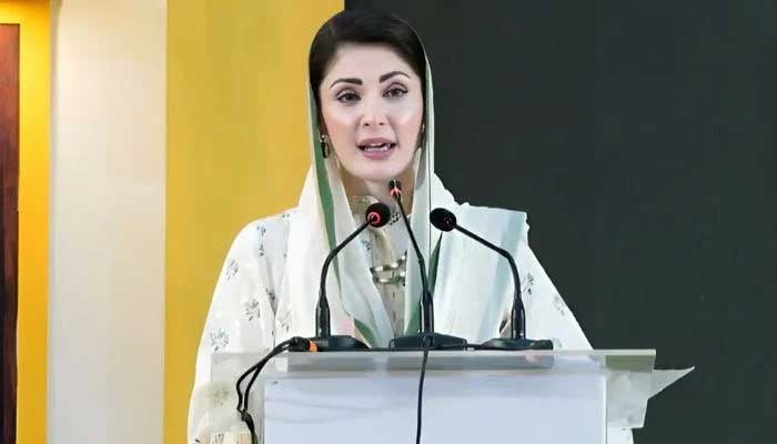 Punjab Chief Minister Maryam Nawaz addresses the ceremony for Apni Chhat Apna Ghar scheme on August 6, 2025. — Screengrab via Geo News