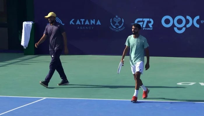 Pakistans tennis star Muhammad Shoaib in action against Swedens Leo Borg during ITF Mens Futures M-15 (Leg-1) at the PTF Complex Courts on May 1, 2026. — Screengrab via Instagram/@muhammadshoaib4418