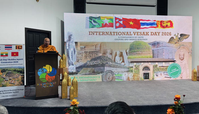 The image shows a glimpse from a ceremony to celebrate the Vesak Day (birthday) of the Great Budha on May 1, 2026. — X@kachosajjadFSP