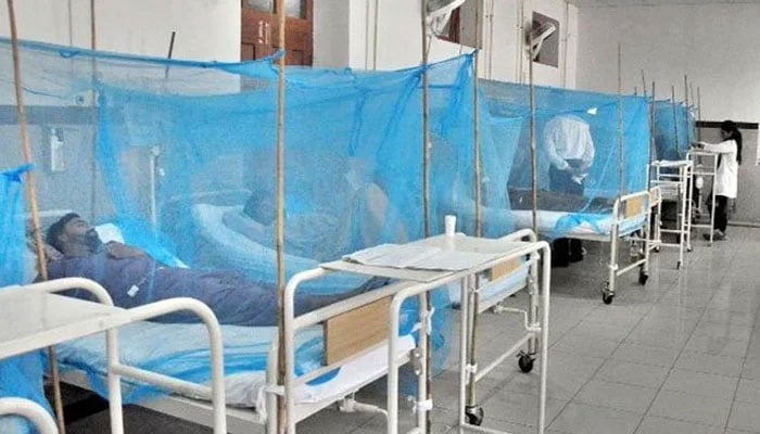 The image shows patients in a hospital ward suffering from dengue fever, as indicated by the mosquito nets over the beds, a common preventative measure in dengue-prone areas. — APP/File
