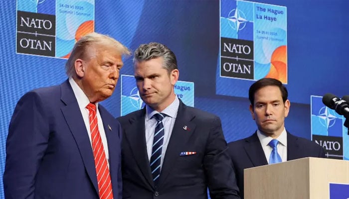 US President Donald Trump, Secretary of Defence Pete Hegseth and Secretary of State Marco Rubio attend a press conference at the Nato summit in The Hague, Netherlands on June 25, 2025. — Reuters