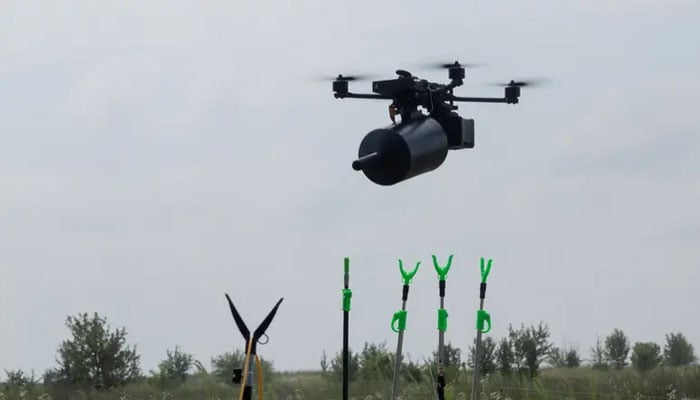 An FPV or First-Person View, drone Stalker, using fiber optic, flies during tests at an undisclosed location, on July 10, 2025, amid the Russian invasion of Ukraine. — AFP/File