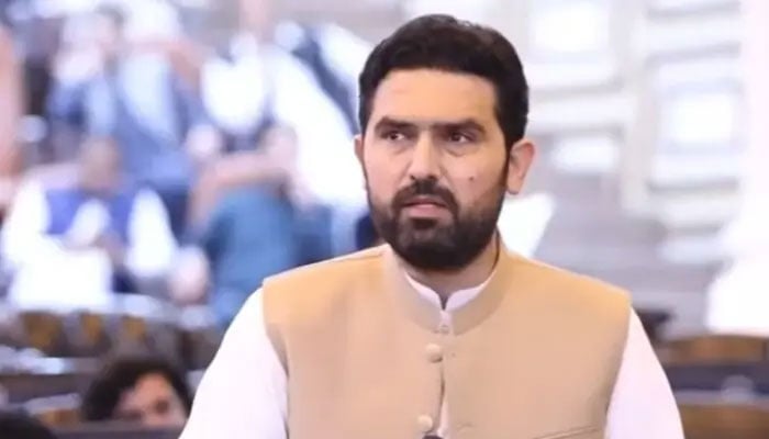 Khyber Pakhtunkhwa Chief Minister Sohail Afridi speaks in the provincial assembly on Thursday. — Screenshot via PTI/YouTube