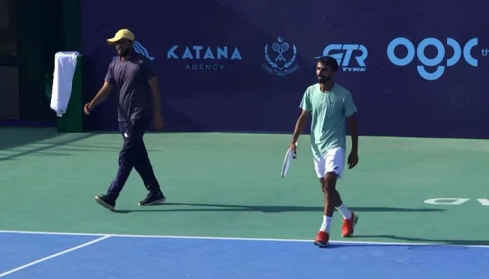 Pakistans tennis star Muhammad Shoaib in action against Swedens Leo Borg during ITF Mens Futures M-15 (Leg-1) at the PTF Complex Courts on May 1, 2026. — Screengrab via Instagram/@muhammadshoaib4418
