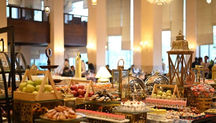 A representational image shows a buffet spread with fruits, desserts, and traditional items set in a grand dining hall during Ramadan evenings at Zamana, Islamabad Serena Hotel.—Instagram@islamabadserenahotel/File