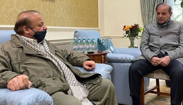 Prime Minister Shehbaz Sharif meets PML-N supremo and elder brother Nawaz Sharif. — TheNews/File