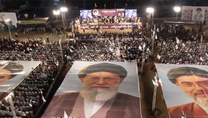 A massive crowd gathers at Nishtar Park, Karachi, with large portraits of Rohullah Khumenei(left), Ayotullah Ali Khamenei (centre), and Iranian supreme leader Ayotullah Mojtaba Ali Khamenei on Sunday to pay tribute to assassinated Iranian supreme leader Ayotullah Ali Khamenei. —Screengrab via X@SibteHR