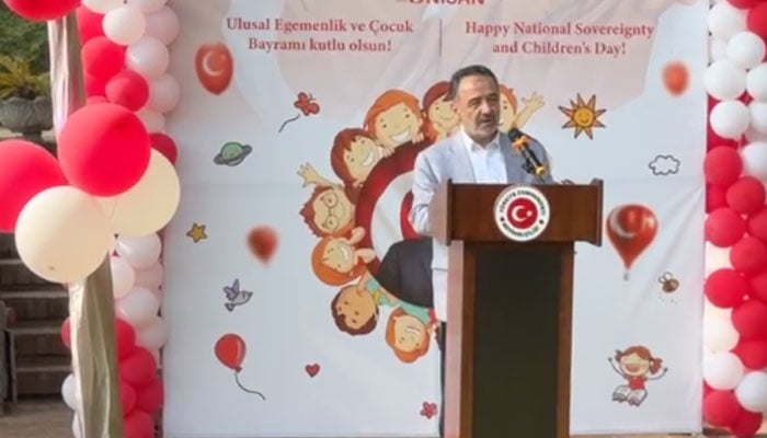 Turkish Ambassador Irfan Neziroglu addressing a function held at a hotel here to mark his country’s National Sovereignty and Children’s Day, May 3, 2026. —Screengrab via Facebook@TCIslamabadBE