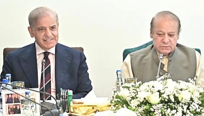 Prime Minister Shehbaz Sharif (left) and Pakistan Muslim League-Nawaz (PML-N) President Nawaz Sharif gesture during an event. — Facebook/@pmln_org/File