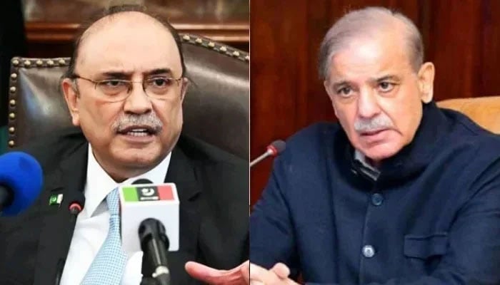 A collage of images showing President Asif Ali Zardari and Prime Minister Shehbaz Sharif. — APP/File