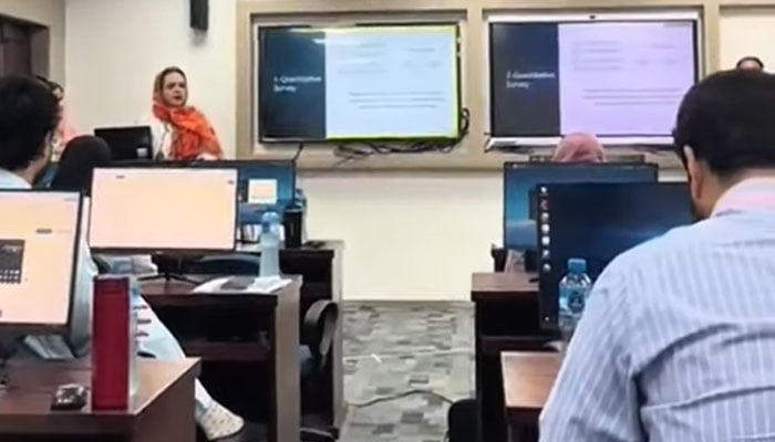 The image shows an orientation in progress during a two-day workshop at the Khyber Medical University (KMU), Peshawar on April 27-28, 2026. — Facebook@kmupeshawarofficial/Screengrab