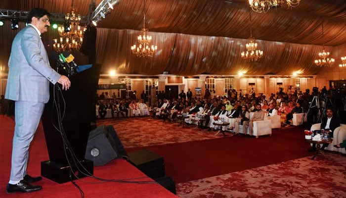 Chief Minister Syed Murad Ali Shah addressing an event on May 4, 2026. — Facebook@SindhCMHouse