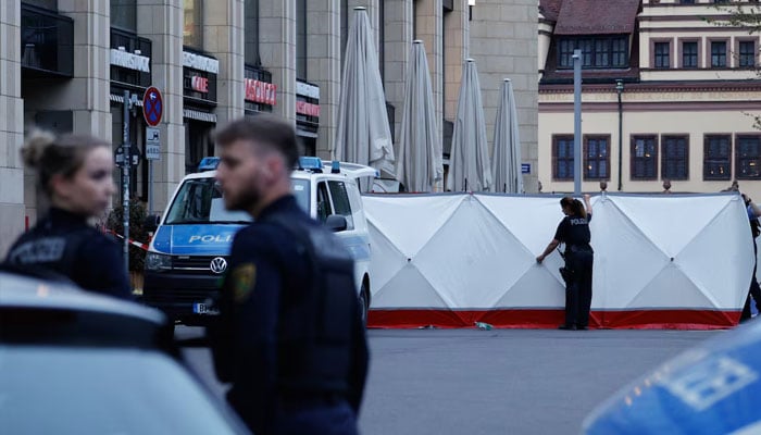 Police officers work at a site where a car drove into a group of people, in Leipzig, Germany, May 4, 2026.—Reuters